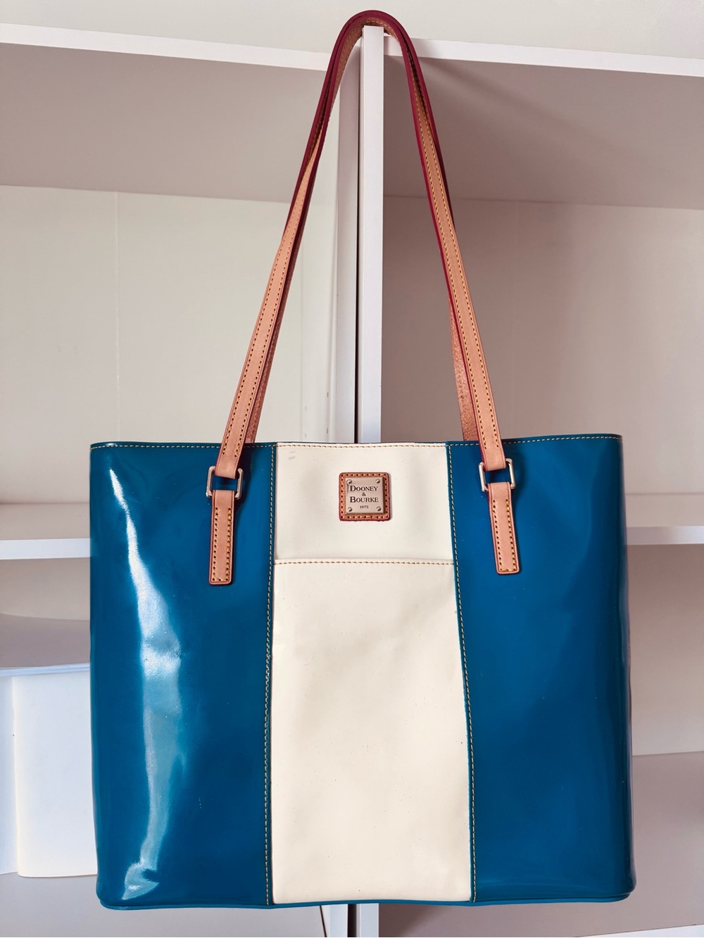 Dooney & Bourke Blue & Cream Patent Leather Tote with Tan Straps